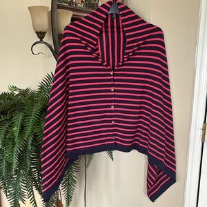 Lilly Pulitzer Red & Blue Striped Button Down Poncho Cape Cardigan Shrug
